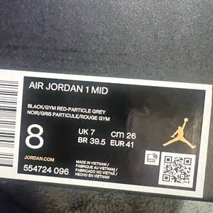 Nike Air Jordan 1 Mid Men Size 8 Shadow Red Black Particle Grey